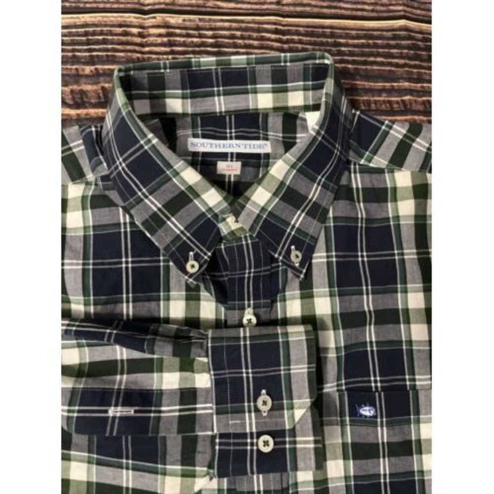 Southern Tide Mens Shirt Blue Green Plaid Large Cotton Blend Tailored Fit - Picture 1 of 5